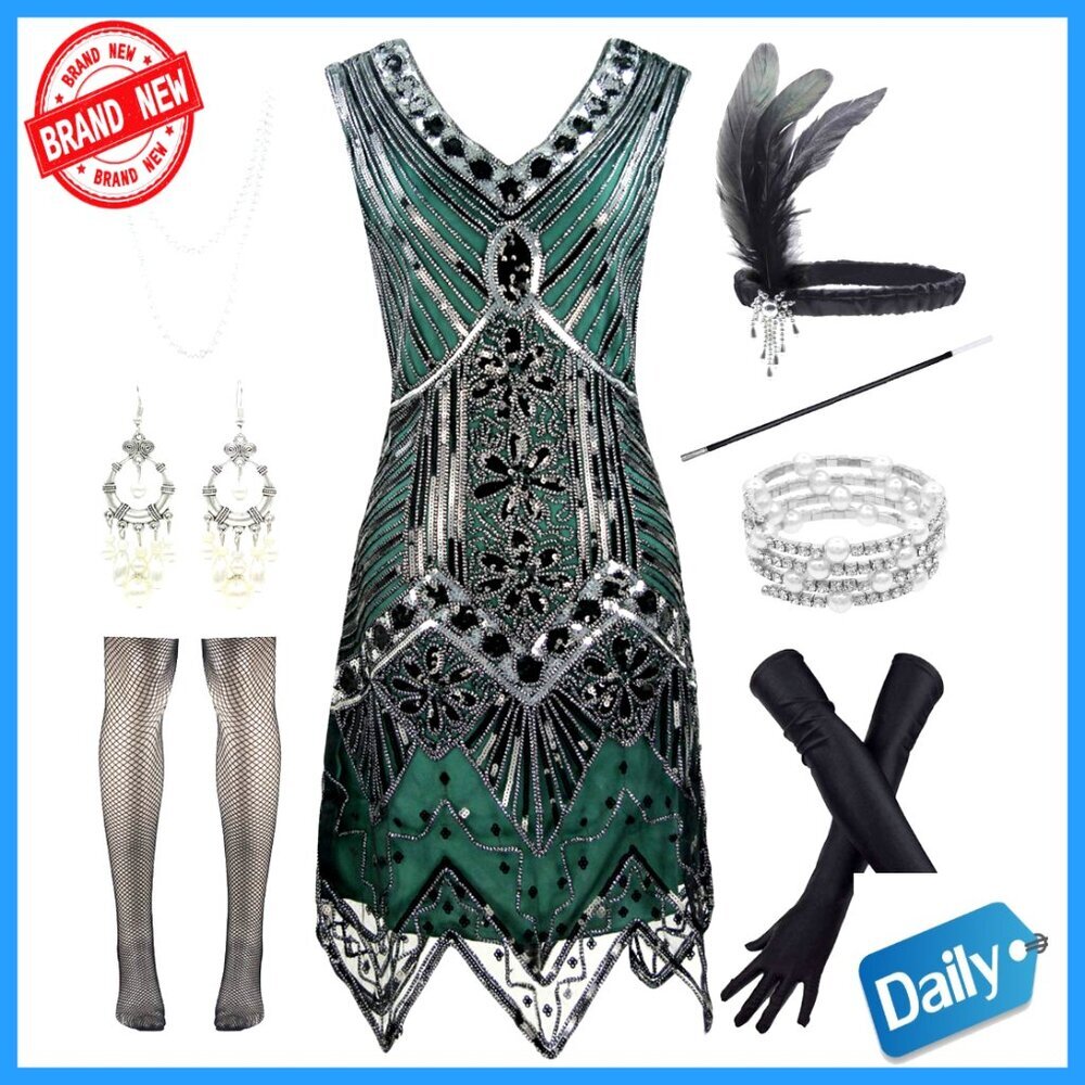 V-Neck Sequin Cocktail Dress with 1920s Accessories Set, S-XL